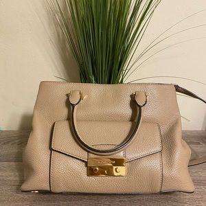 Michael Kors Haley Large Leather Satchel in Beige